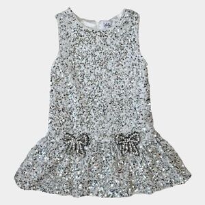Lola & The Boys "Shimmer" Sequin Dress – White & Silver, Bows, Size 10, Like New